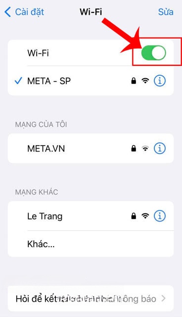 Tắt và bật lại công tắc tại mục Wi-Fi