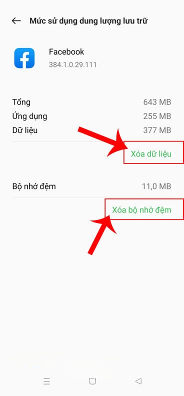 Ấn vào nút Xóa bộ nhớ đệm hoặc Xóa dữ liệu