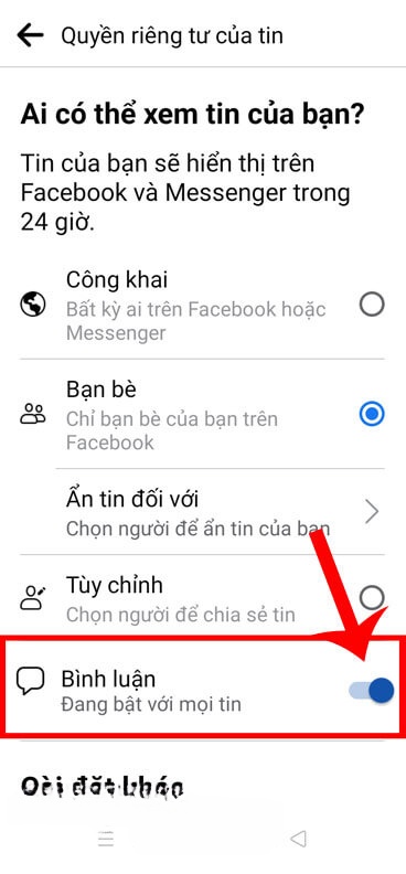 zgạt và bật công tắc tại mục Bình luận