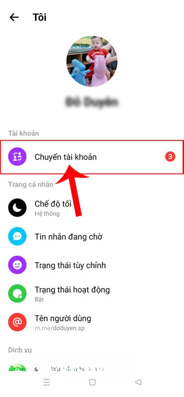 Nhấn vào mục Chuyển tài khoản