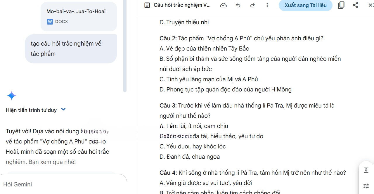 Tạo câu hỏi cho tài liệu tải lên Gemini Canvas
