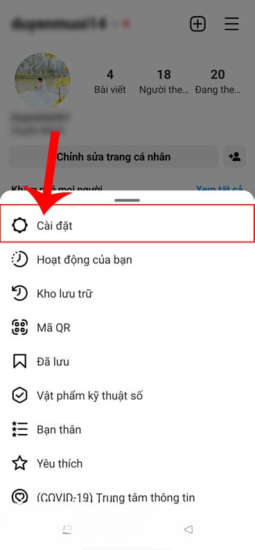 Chạm vào mục Cài đặt