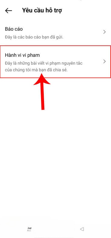 Chạm vào mục Hành vi vi phạm
