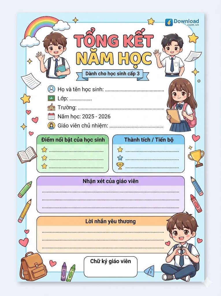 Mẫu phiếu tổng kết năm học