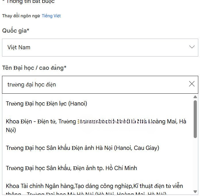 Điền thông tin học sinh đăng ký Gemini Pro miễn phí 1 năm