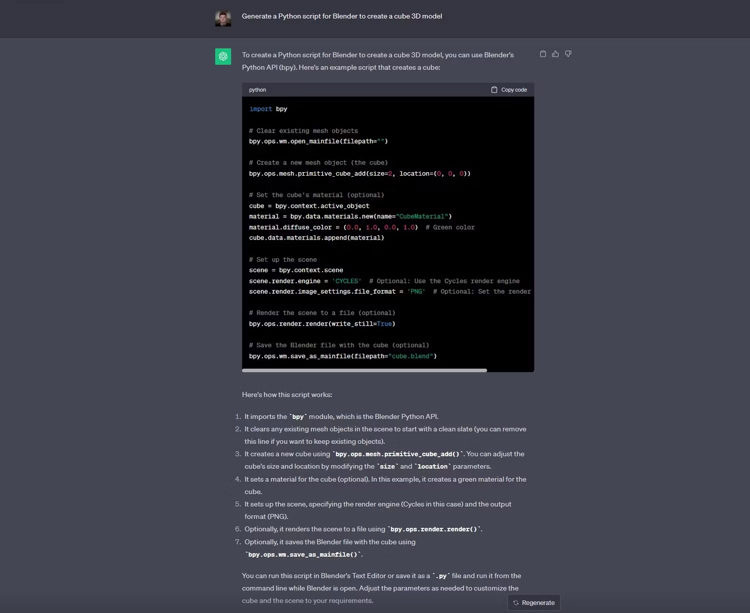 Script Blender Python được tạo bởi ChatGPT