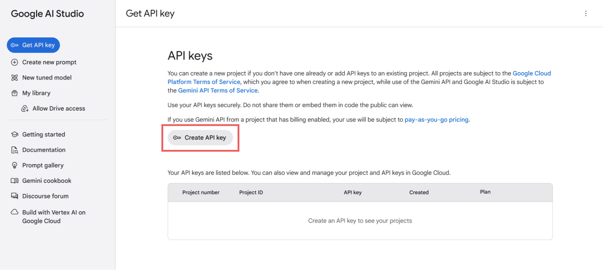 Nút Create API key trong Google AI Studio