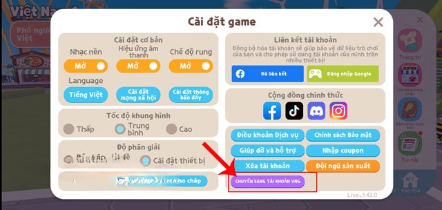Chuyển sang tài khoản VNG