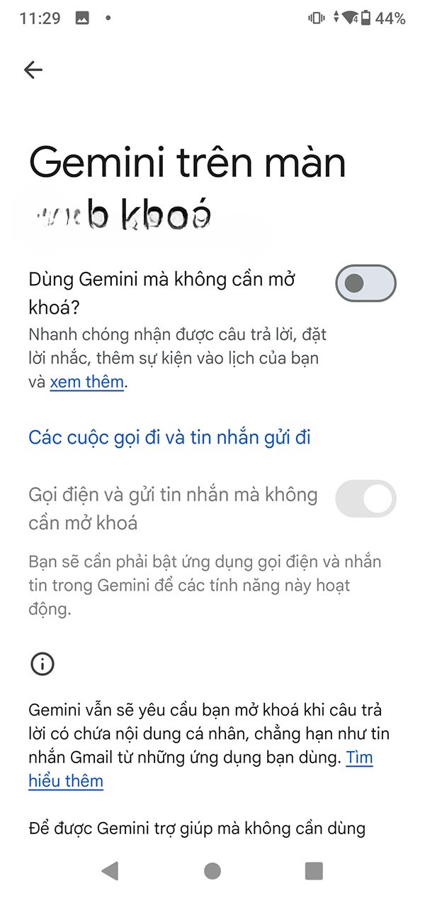 Tắt Gemini gọi từ màn hình khóa