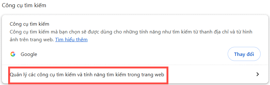 Quản lý công cụ tìm kiếm trên Chrome