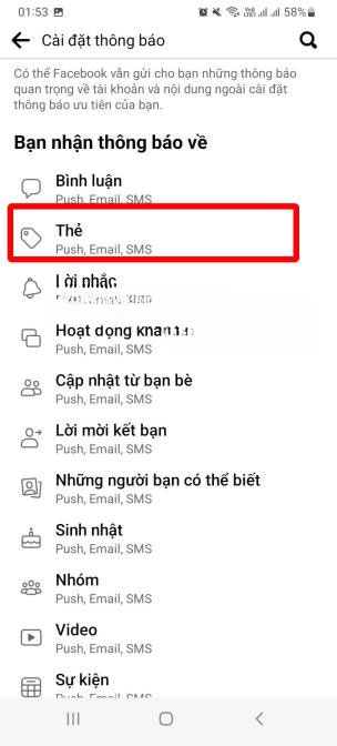 Ở phần “Cài đặt thông báo”, bạn chọn Thẻ