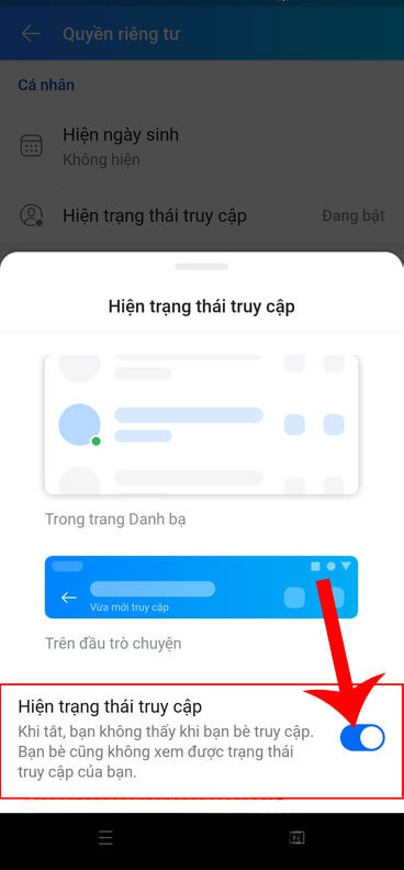 Tắt công tắc Hiện trạng thái truy cập