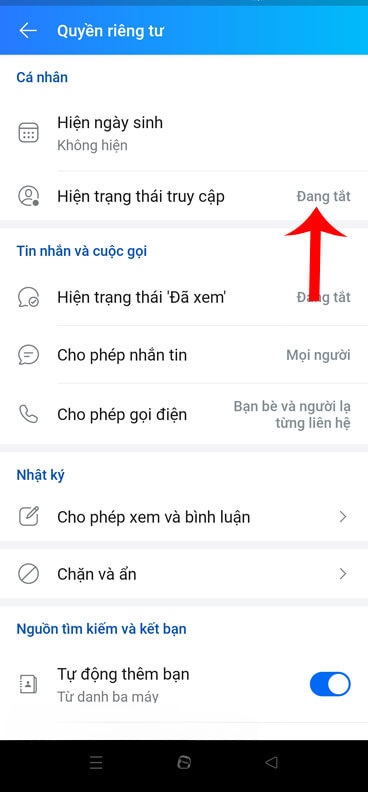 Trạng thái Vừa mới truy cập đã được tắt