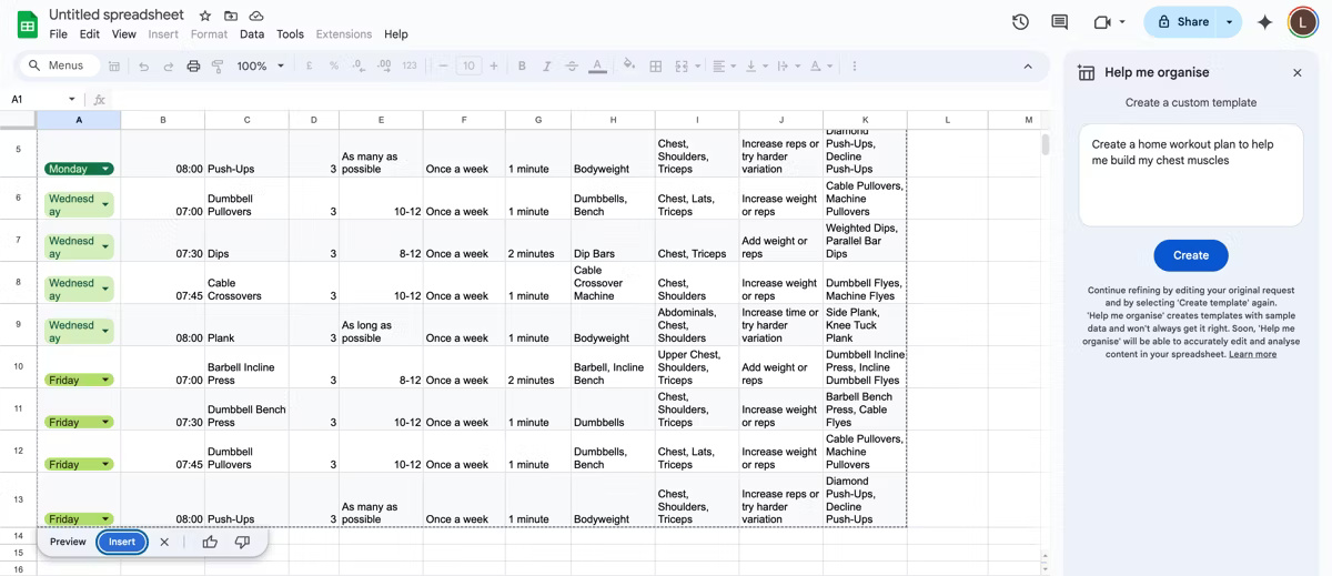 Kế hoạch tập luyện trong Sheets được tạo bằng tính năng Help me organize của Gemini