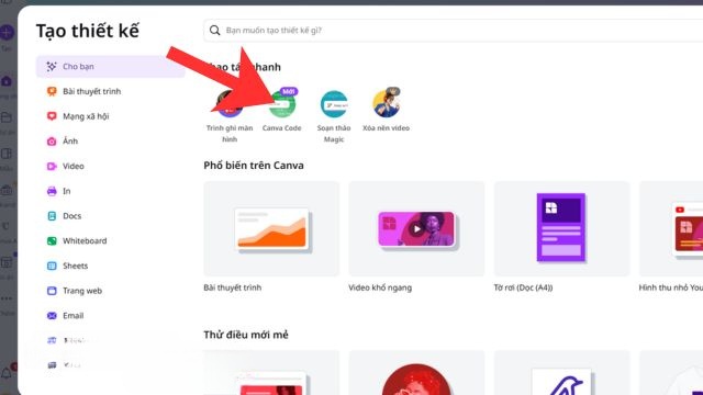 Click chuột vào mục Canva Code
