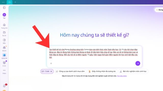 Nhập câu lệnh để thiết kế game Rung chuông vàng