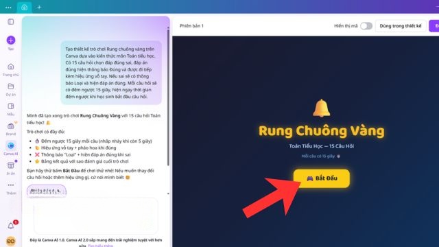 Nhấn vào nút Bắt đầu để chơi trực tiếp game trên Canva