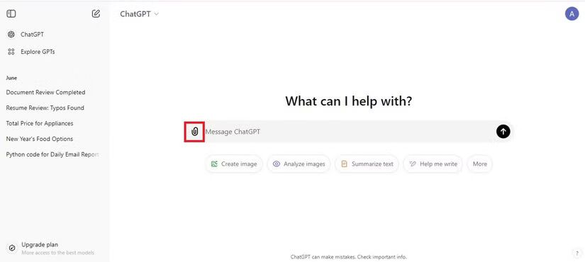Biểu tượng kẹp giấy trong ChatGPT trên web