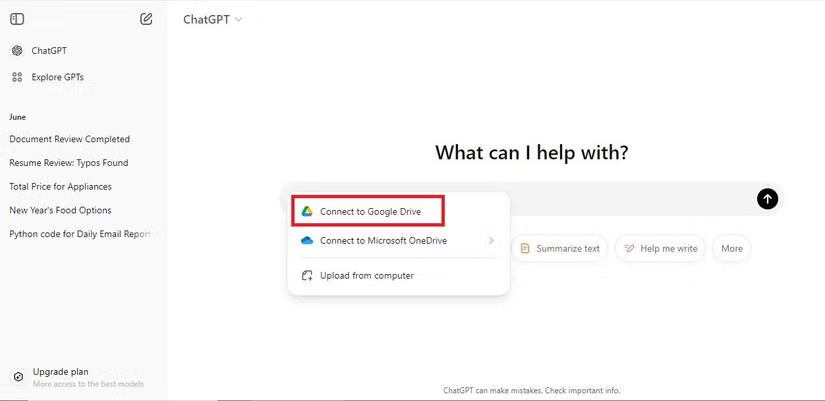 Chọn Connect to Google Drive trong ChatGPT trên web