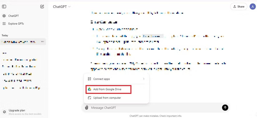 Tùy chọn Add from Google Drive trong ChatGPT trên web