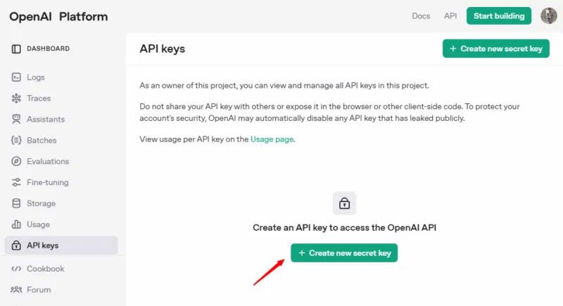 Tạo key bí mật mới để tích hợp ChatGPT với VSCode