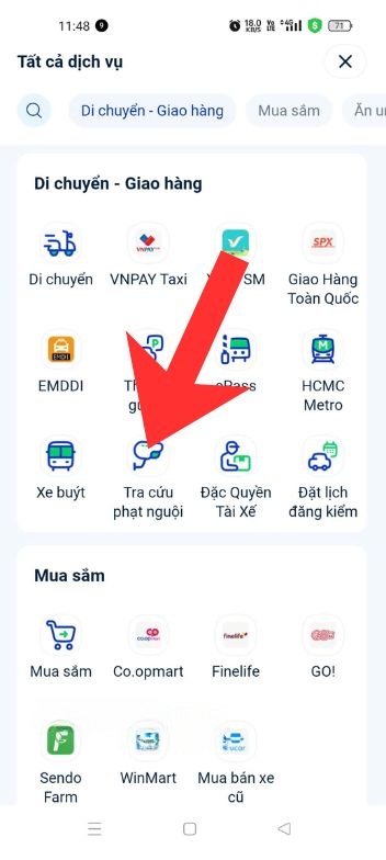 Ở mục Di chuyển - Giao hàng, ấn vào mục Tra cứu phạt nguội
