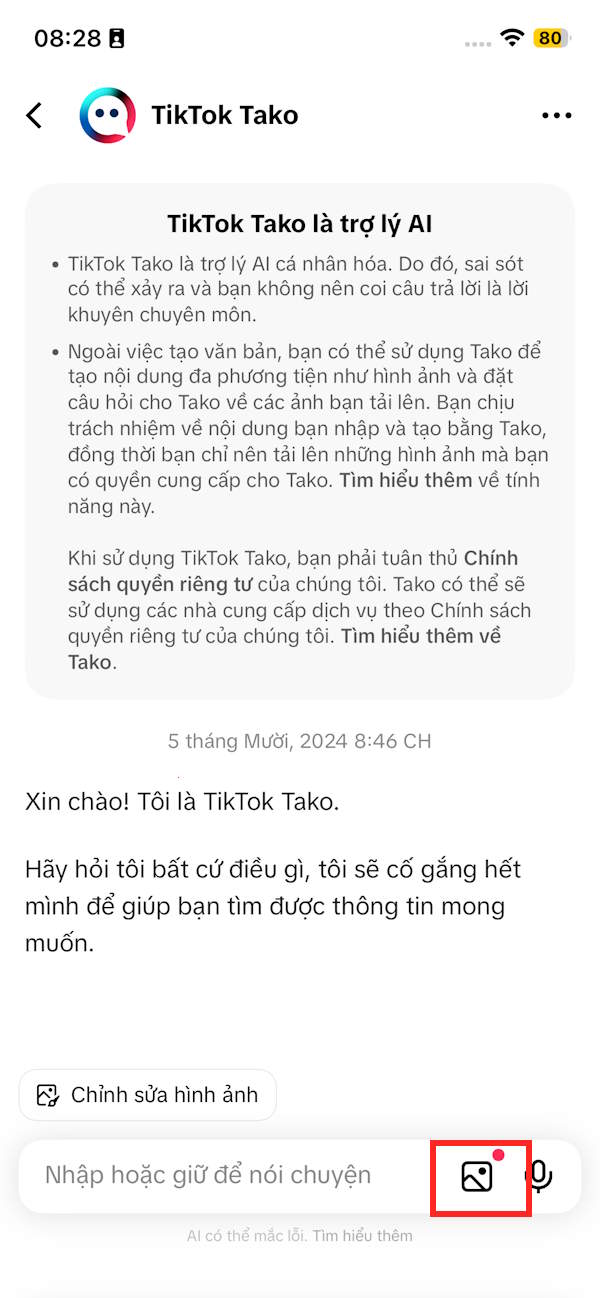 Giao diện chat với Tako