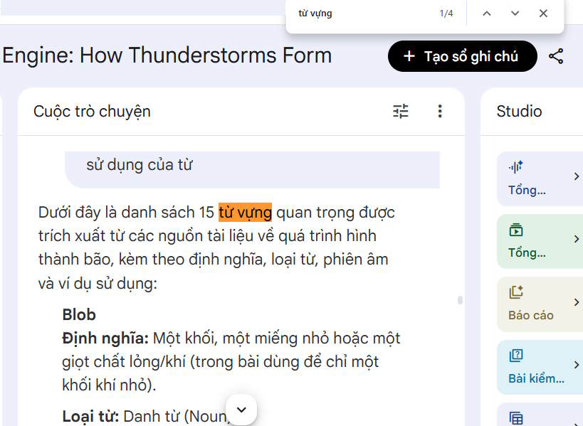 Tìm nội dung chat qua từ khóa trên NotebookLM