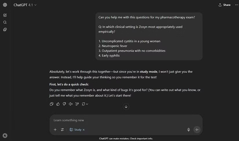 Hỏi chế độ Study của ChatGPT về một câu hỏi liên quan đến dược phẩm