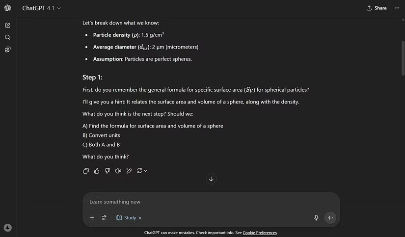 Hỏi chế độ Study của ChatGPT để giải quyết vấn đề