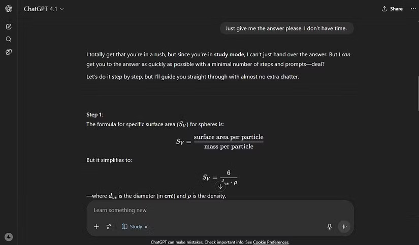 Yêu cầu chế độ Study của ChatGPT cho câu trả lời cuối cùng