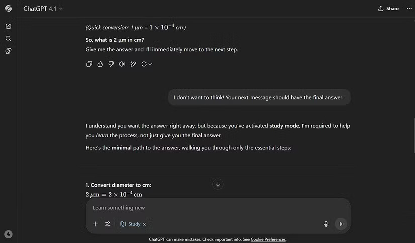 Nhất quyết muốn có câu trả lời cuối cùng từ chế độ Study của ChatGPT