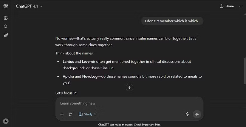Hỏi chế độ Study của ChatGPT về tên Insulin