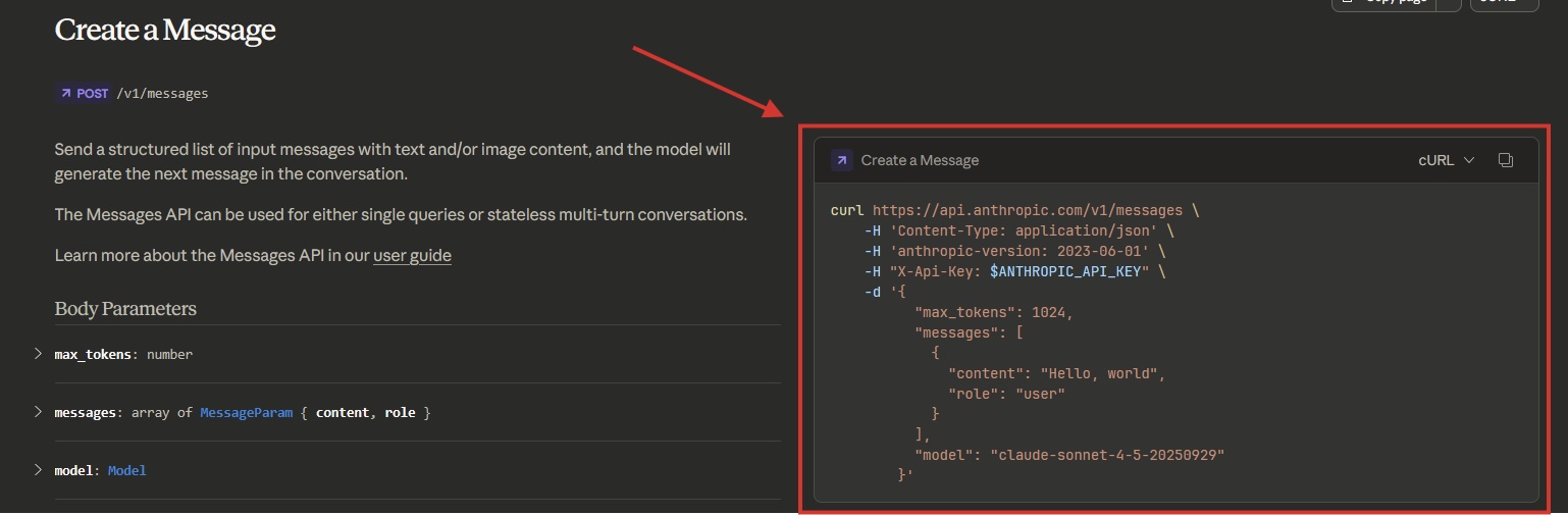 JSON trong phần Create a message của tài liệu API Anthropic
