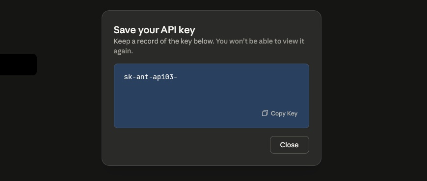 Màn hình sao chép key sau khi tạo Claude API key