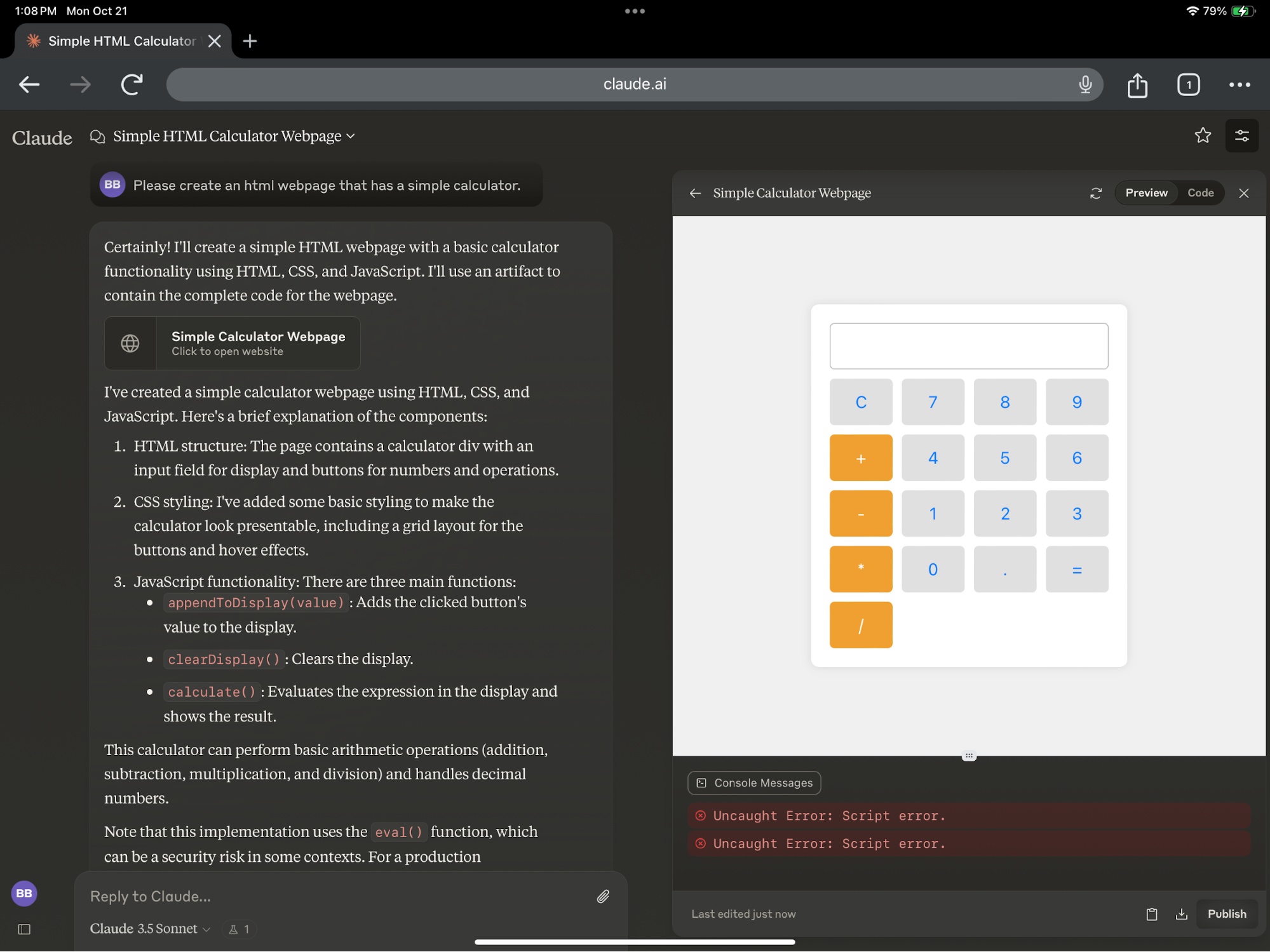 Ví dụ về Claude Artifact chứa một website máy tính hoạt động