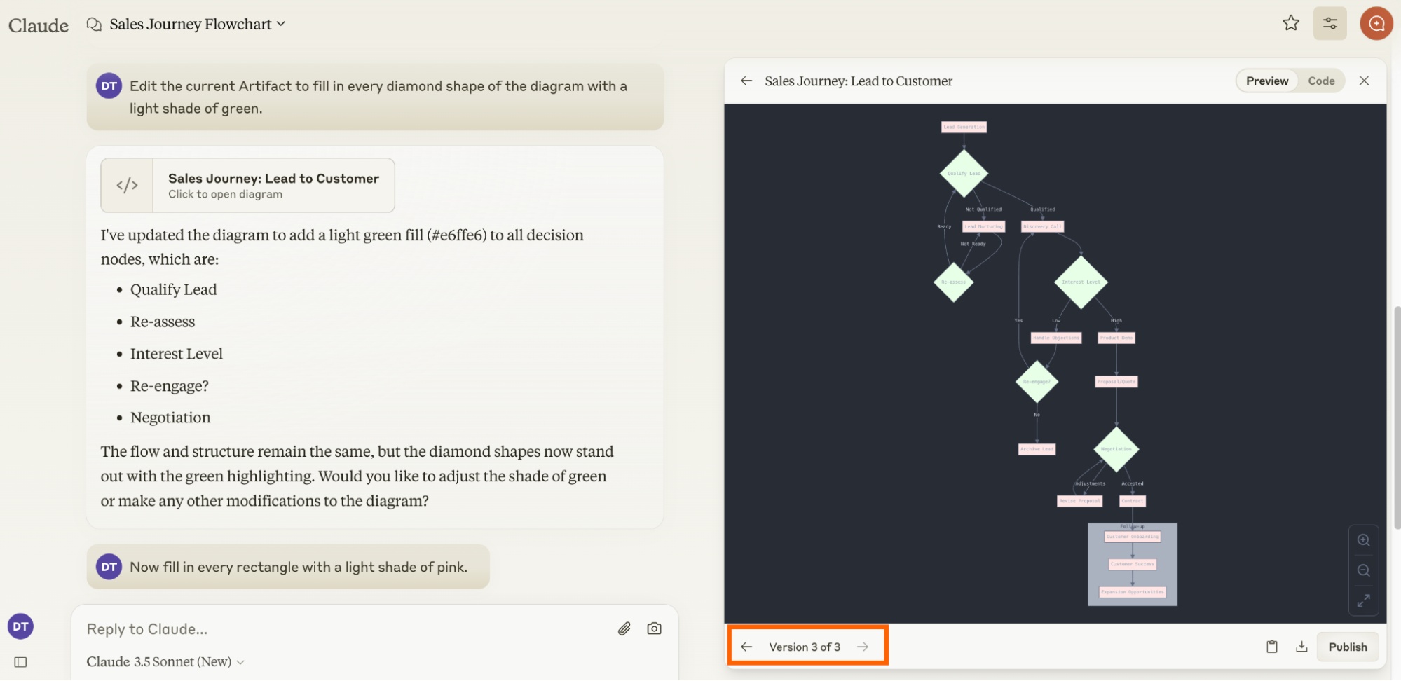 Cửa sổ Claude Artifact với số phiên bản được highlight ở cuối cửa sổ