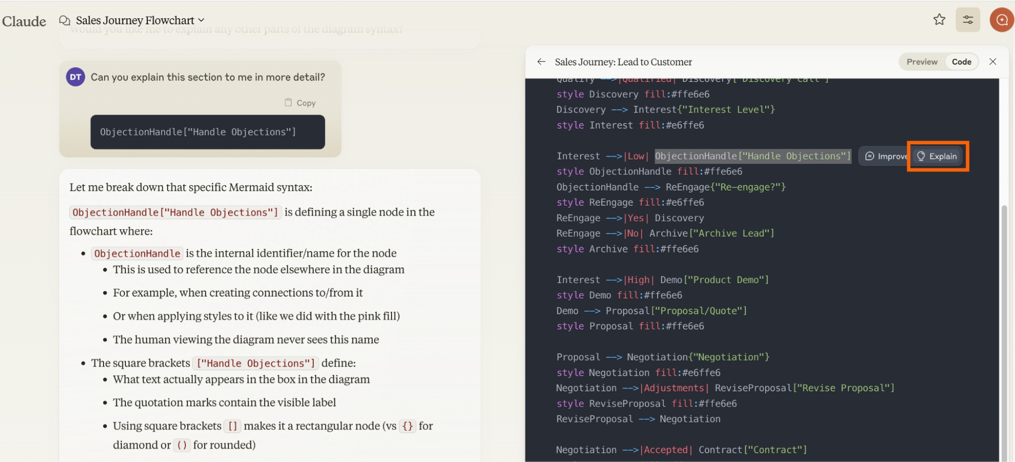 Thành phần được chọn trong Claude Artifact với tùy chọn giải thích lựa chọn được highlight