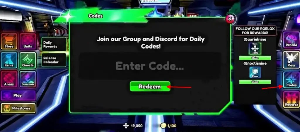 Màn hình nhập code Anime Paradox