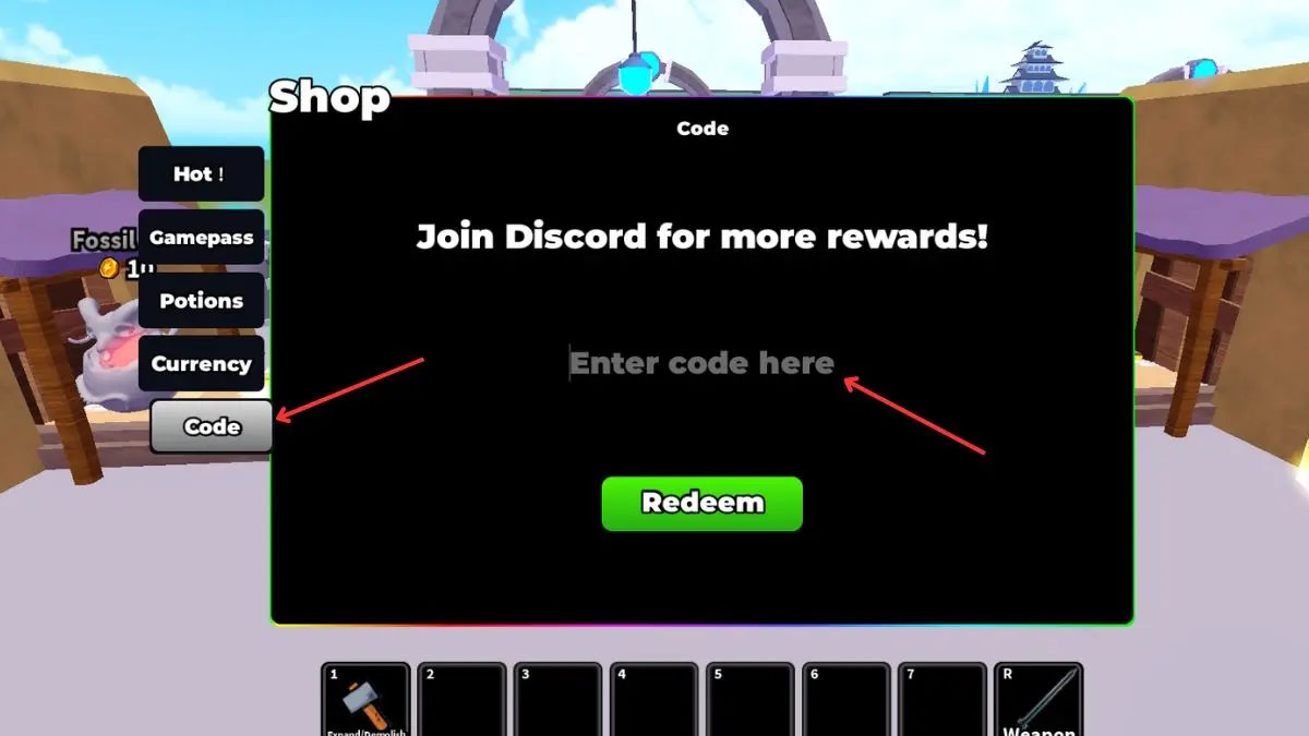 Màn hình đổi code Build Anime Legends