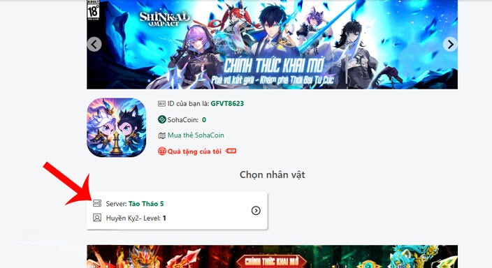 Nhấn vào thông tin Sever, Tên tài khoản game của mình.