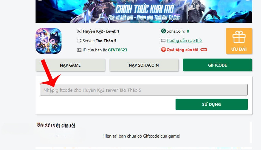 Nhập chính xác mã code game ở phía bên trên, rồi chạm vào nút Sử dụng.