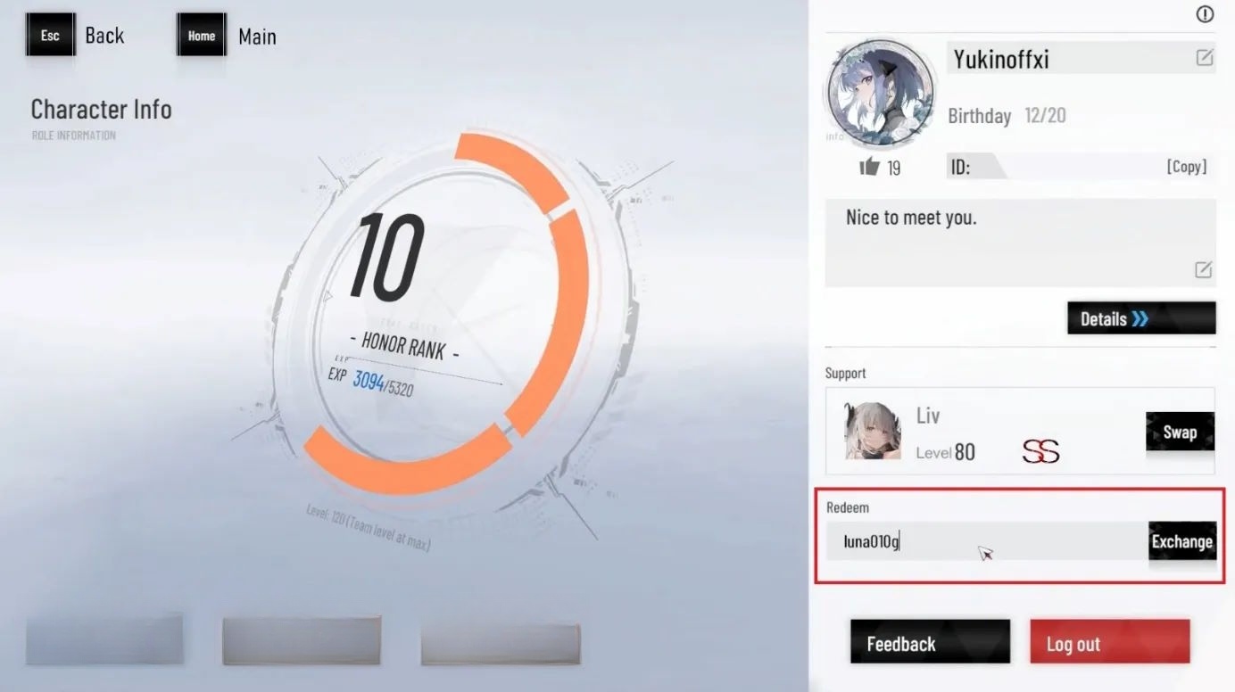Màn hình đổi code Punishing: Gray Raven