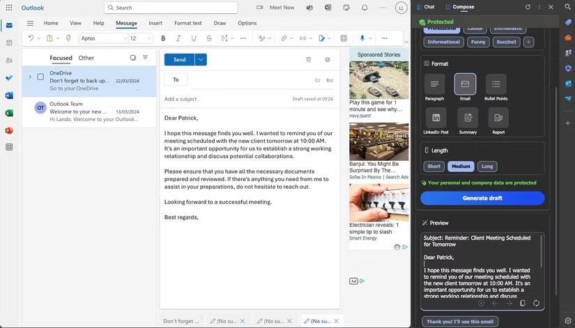 Copilot trong Edge cung cấp bản nháp email