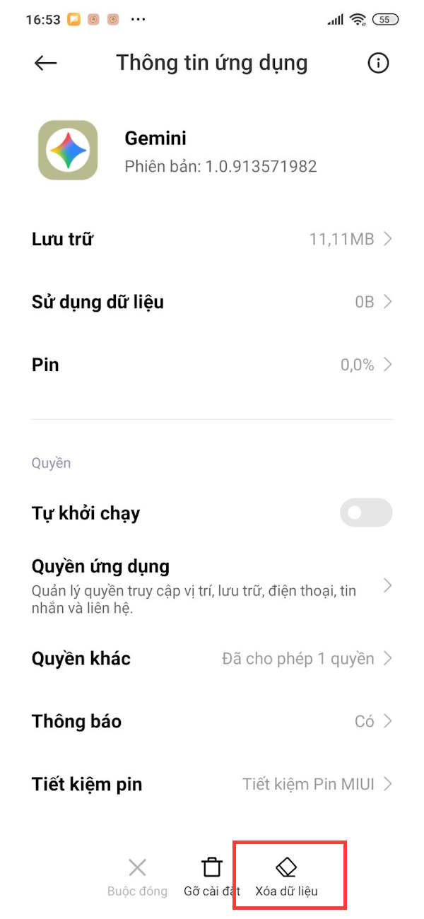 Xóa dữ liệu Gemini