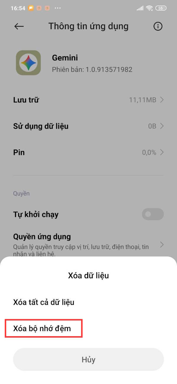 Xóa bộ nhớ cache Gemini