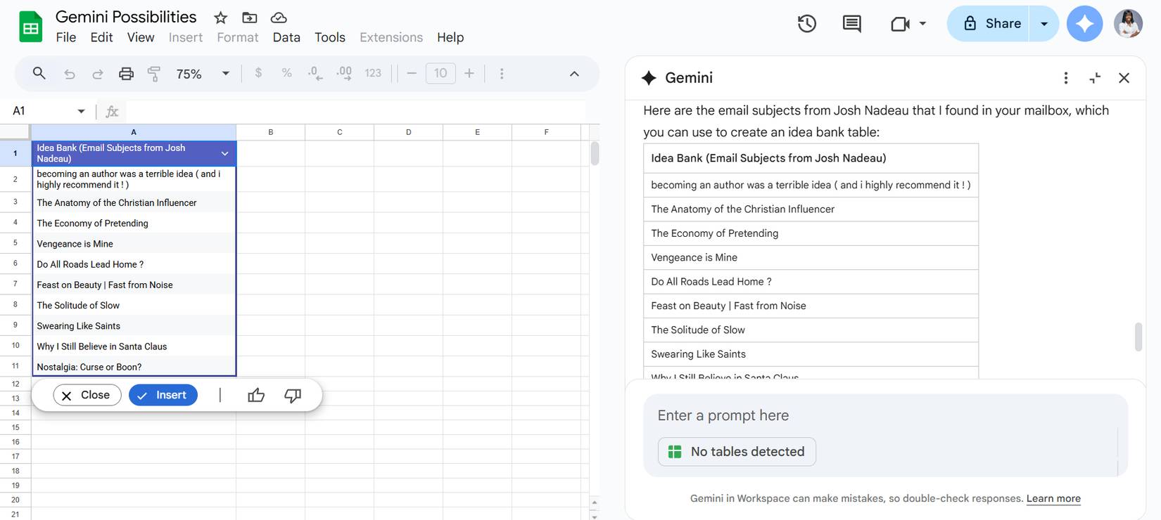 Một ngân hàng ý tưởng với các tiêu đề email từ bản tin của Josh Nadeau do Gemini trong Sheets tạo ra