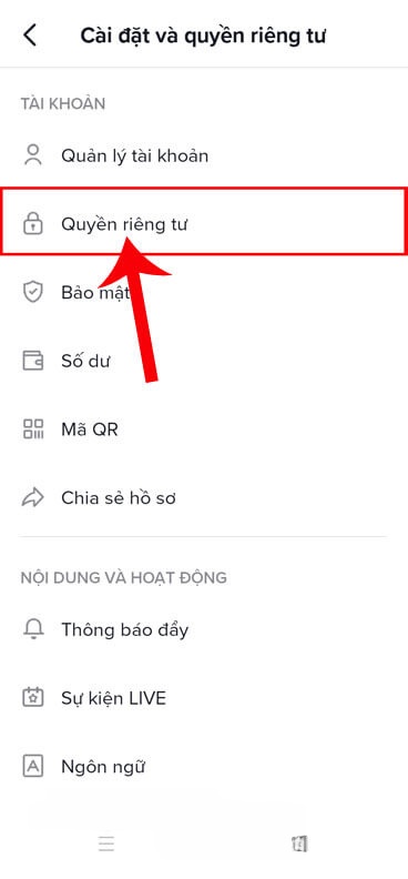 Ấn vào mục Quyền riêng tư