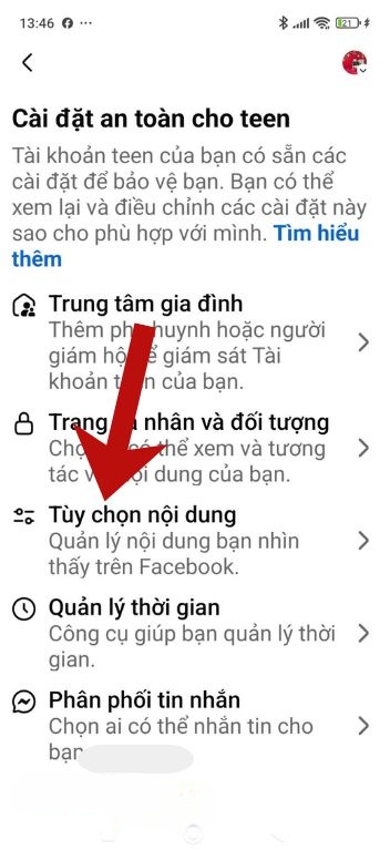 Chạm vào mục Tùy chọn nội dung