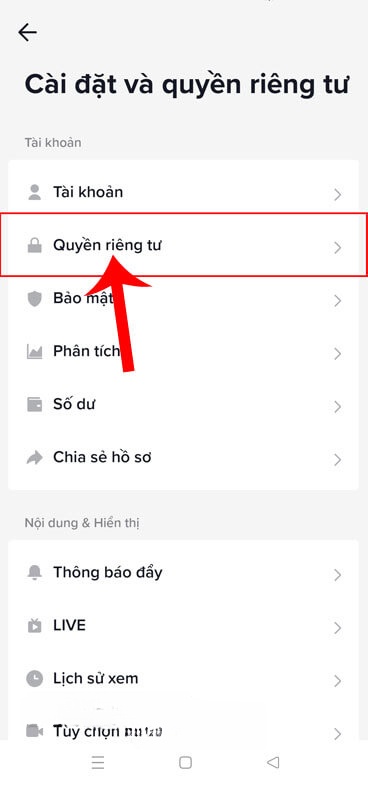 Ấn vào mục Quyền riêng tư